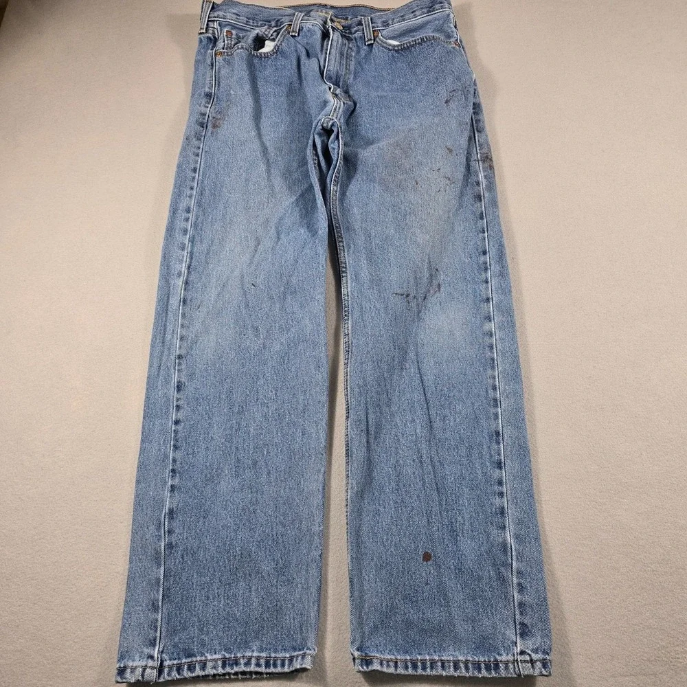 Levi's Mens 36x30 Blue Jeans 505 Regular Fit Straight Leg Distressed Stained